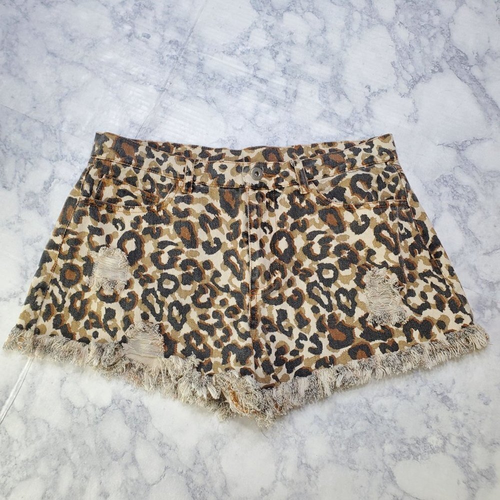 Umgee Small Cheetah Denim Cutoff Shorts High Rise Distressed